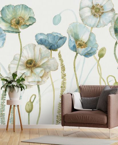 blå blomma tapet väggmålning kallad Greenhouse Flowers av Lisa Audit för vardagsrum och matsalar