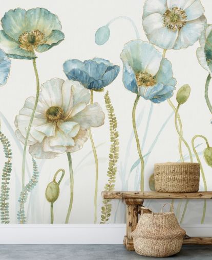 Blaue Blumentapete namens Greenhouse Flowers von Lisa Audit für Wohn- und Esszimmer