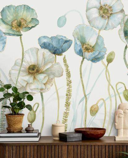 Lisa Audit -sinisen kukkatapetin seinämaalaus nimeltä Greenhouse Flowers olohuoneisiin ja ruokasaleihin