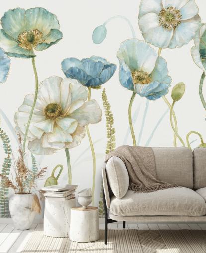 papier peint mural à fleurs bleues appelé Greenhouse Flowers par Lisa Audit pour les salons et les salles à manger papier peint mural à fleurs bleues appelé Greenhouse Flowers par Lisa Audit pour les salons et les salles à manger