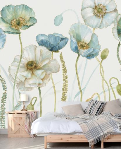 blå blomma tapet väggmålning kallad Greenhouse Flowers av Lisa Audit för vardagsrum och matsalar