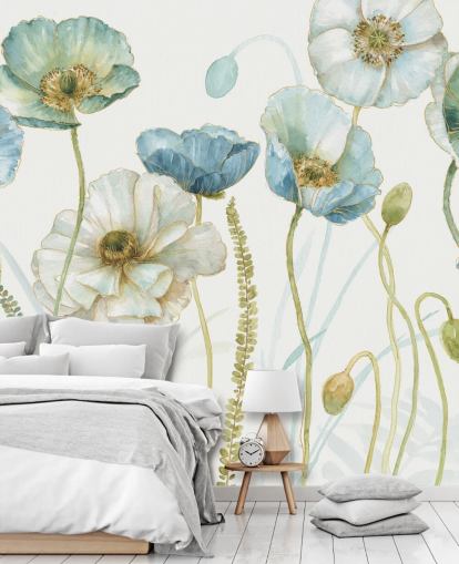 blue flower wallpaper mural called Greenhouse Flowers by Lisa Audit for living rooms and dining rooms