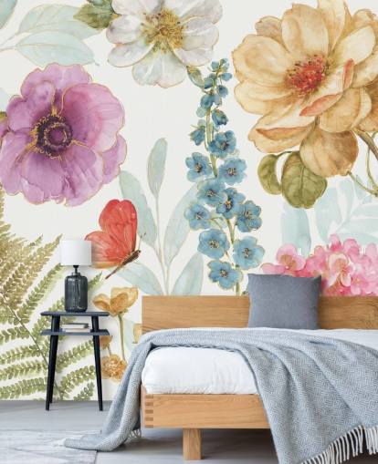 Peinture murale florale colorée avec papillon Peinture murale florale colorée avec papillon