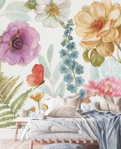 Peinture murale florale colorée avec papillon