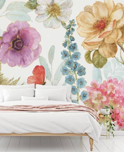 Peinture murale florale colorée avec papillon