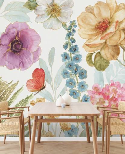 Mural floral colorido com borboleta