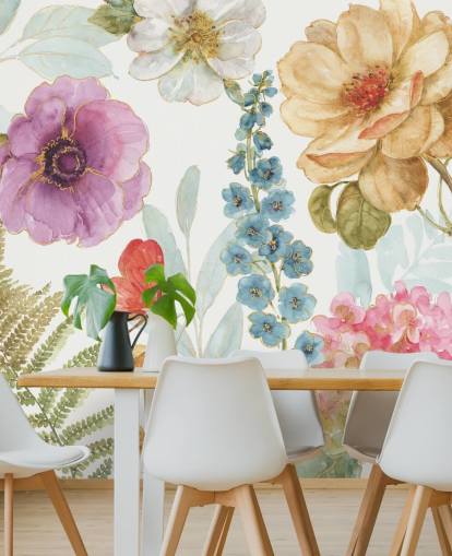 Färgglad blommig väggmålning med fjäril