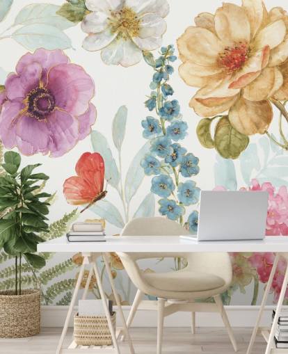 Mural floral colorido com borboleta