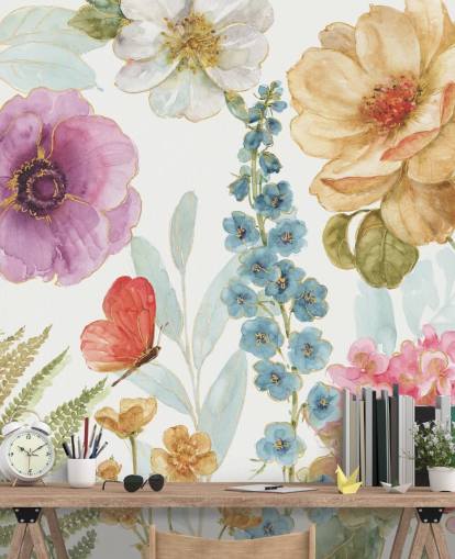 Fargerik blomstermaleri med sommerfugl