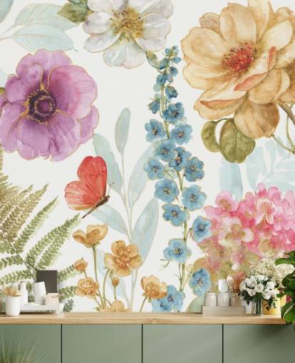 Fargerik blomstermaleri med sommerfugl Fargerik blomstermaleri med sommerfugl