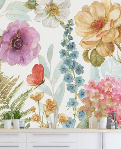 Fargerik blomstermaleri med sommerfugl Fargerik blomstermaleri med sommerfugl