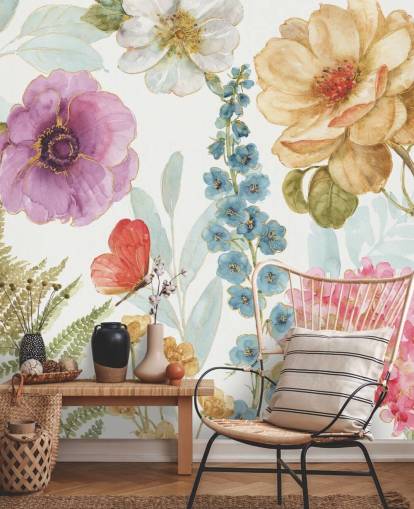 Decorazione murale floreale colorata con farfalla