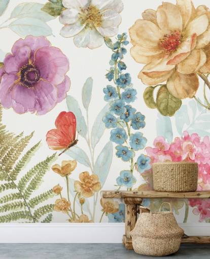 Decorazione murale floreale colorata con farfalla