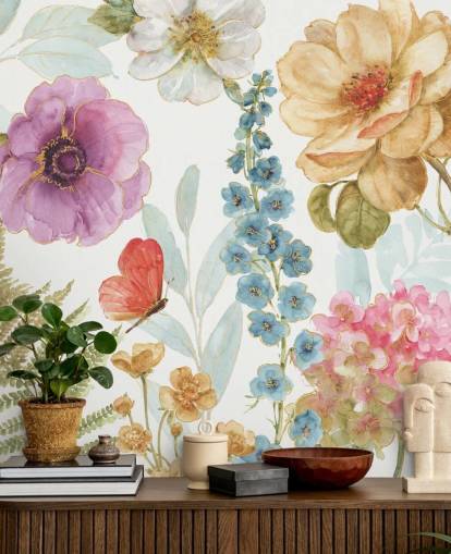 Peinture murale florale colorée avec papillon