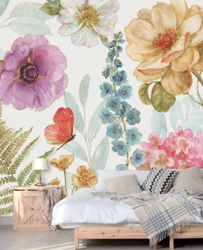 Decorazione murale floreale colorata con farfalla Decorazione murale floreale colorata con farfalla