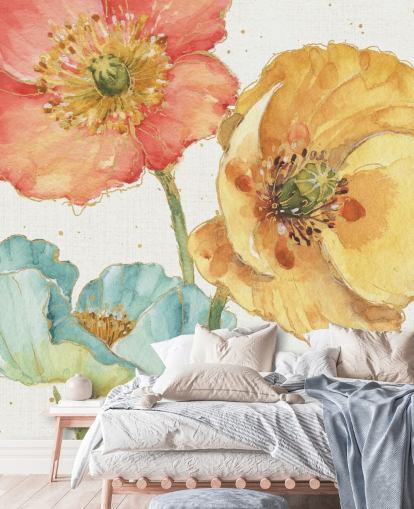 muurschildering met drie bloemen