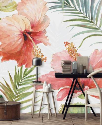 Muurschildering met tropische rode bloemen