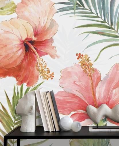 Muurschildering met tropische rode bloemen