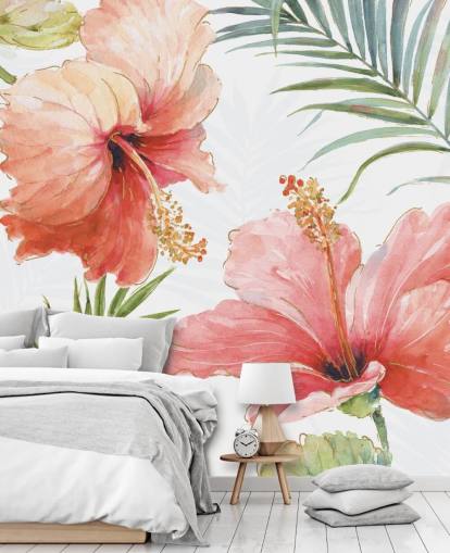 Muurschildering met tropische rode bloemen