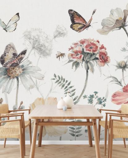 Mural de pared botánico con mariposas