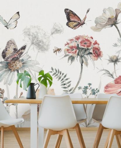 Botanical Wall Mural with Butterflies Botanical Wall Mural with Butterflies