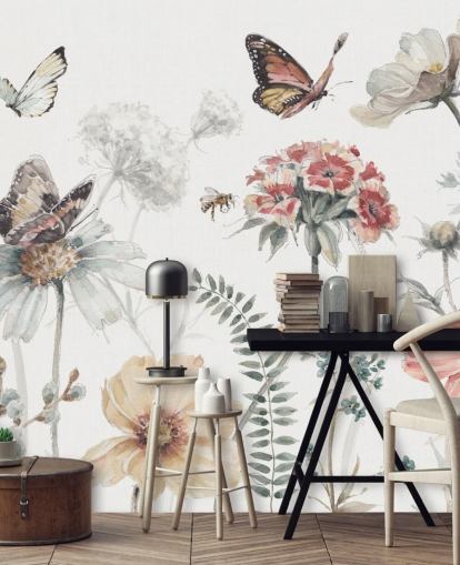 Decorazione murale botanica con farfalle