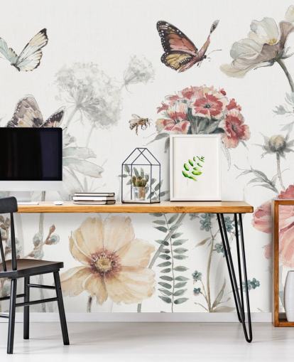 Botanical Wall Mural with Butterflies
