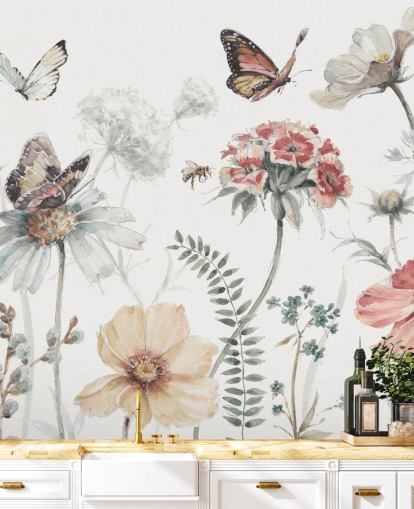 Botanical Wall Mural with Butterflies