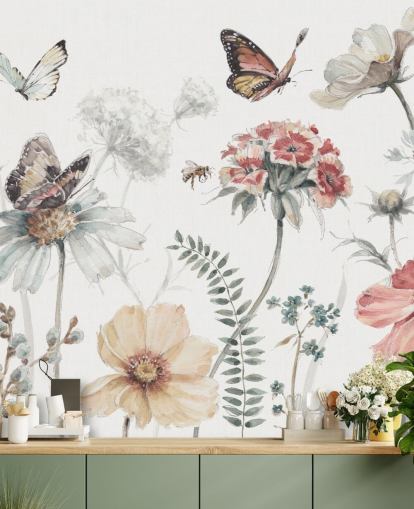Botanical Wall Mural with Butterflies