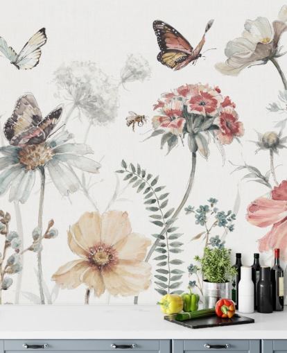 Decorazione murale botanica con farfalle