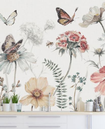 Botanische muurschildering met vlinders