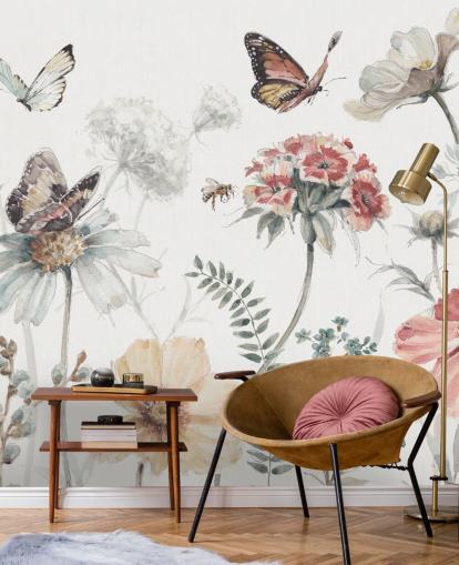 Mural de pared botánico con mariposas