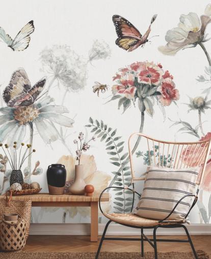 Decorazione murale botanica con farfalle