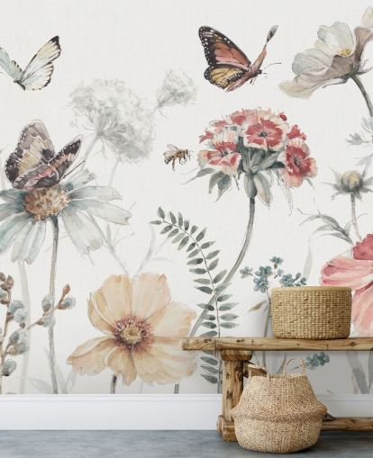 Mural de pared botánico con mariposas