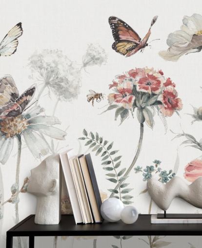 Botanical Wall Mural with Butterflies
