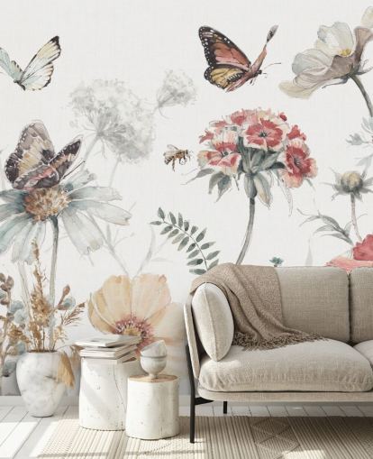 Botanical Wall Mural with Butterflies