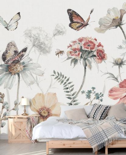 Botanical Wall Mural with Butterflies