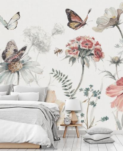 Botanical Wall Mural with Butterflies