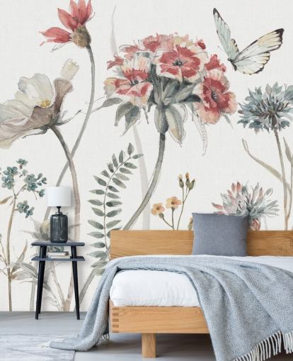 Peinture murale florale colorée avec papillon