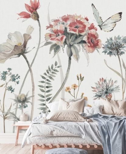 Peinture murale florale colorée avec papillon