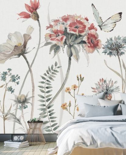 Colorido mural floral con mariposa
