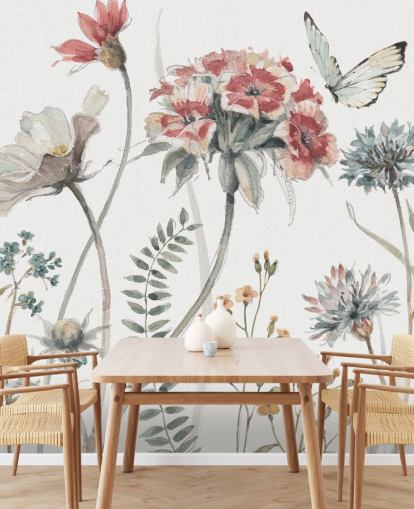Colorido mural floral con mariposa