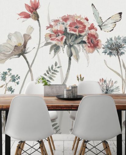 Colorido mural floral con mariposa Colorido mural floral con mariposa