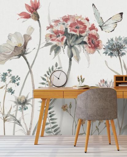 Peinture murale florale colorée avec papillon