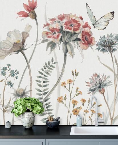 Buntes Blumen-Wandbild mit Schmetterling