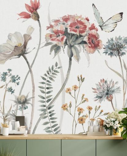 Peinture murale florale colorée avec papillon