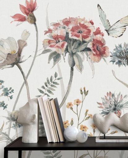 Peinture murale florale colorée avec papillon