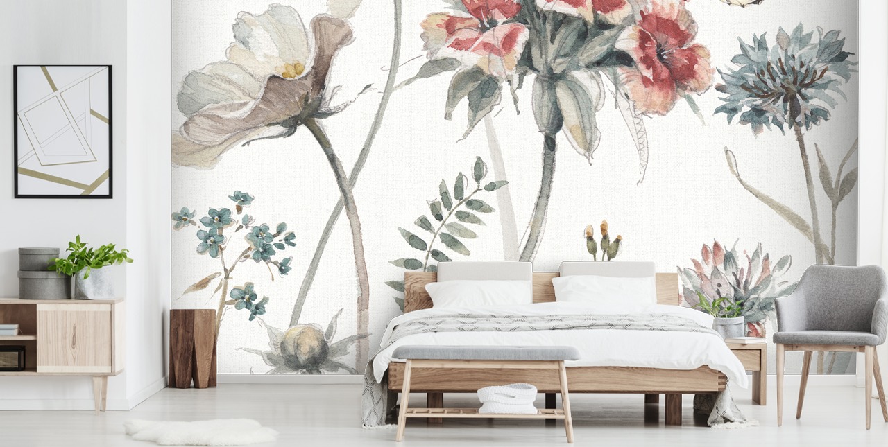 Värikäs kukka seinämaalaus perhosella