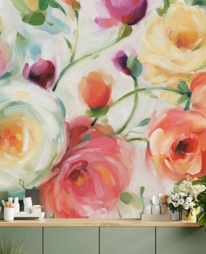 fargerikt blomstertapet veggmaleri
