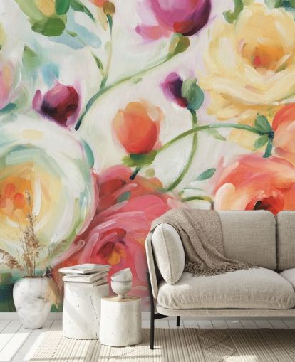 fargerikt blomstertapet veggmaleri